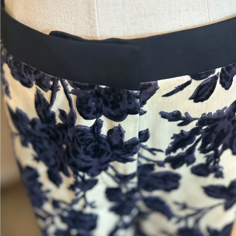 Tory Burch Floral Velvet Burnout Trousers Navy Cream Devore Slim Leg Pants